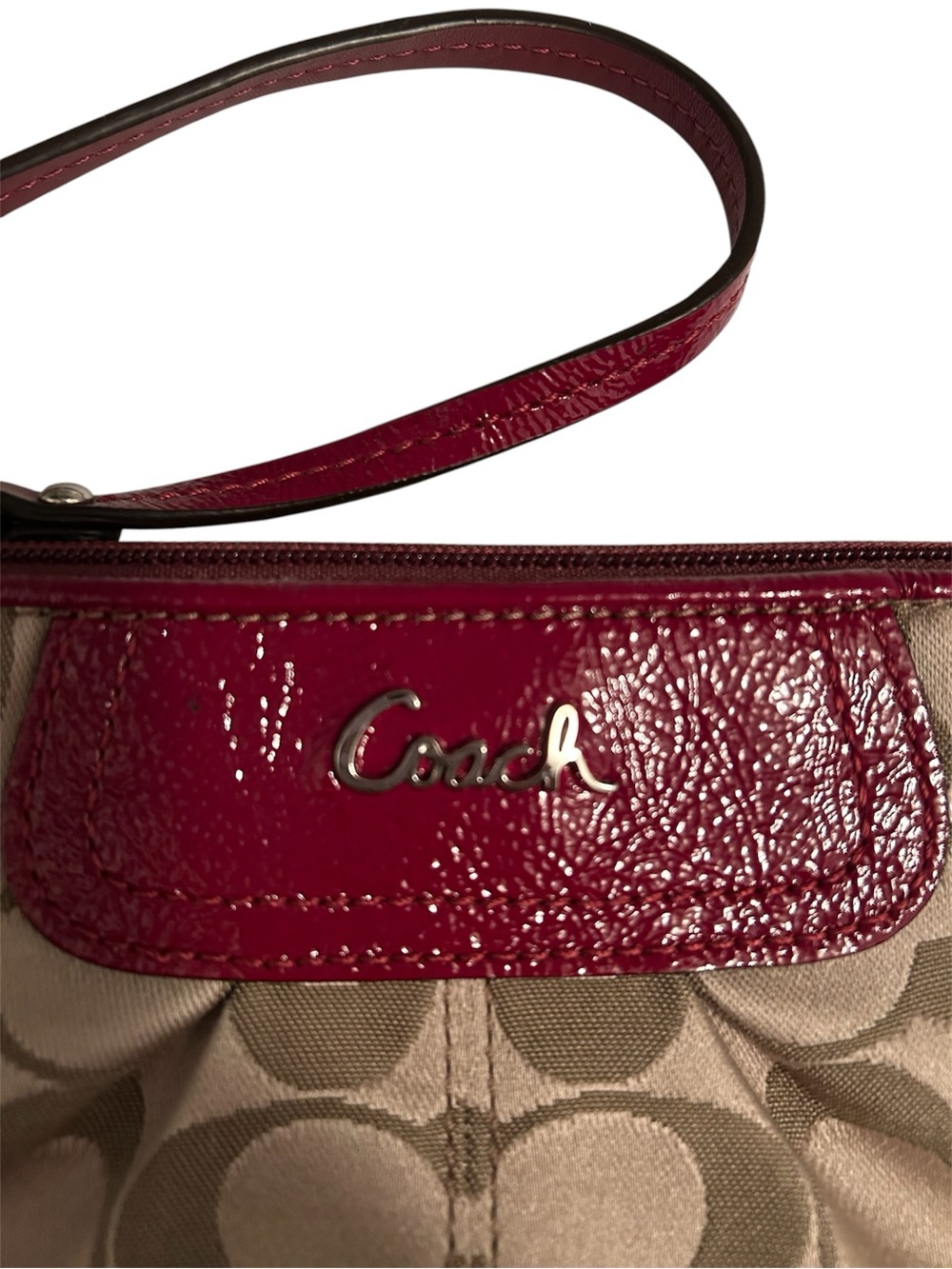 Coach Tan Signature Canvas Wristlet with Red Trim and Strap - Picture 3 of 5